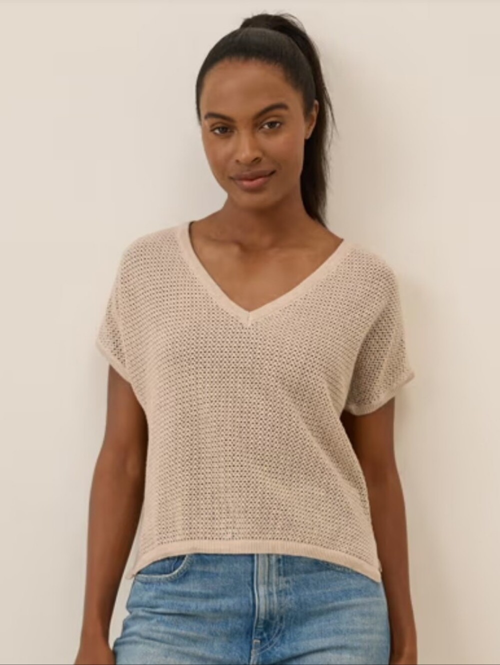 Pact Organic Linen & Cotton Beachside Crochet Short Sleeve Sweater Oatmeal Large